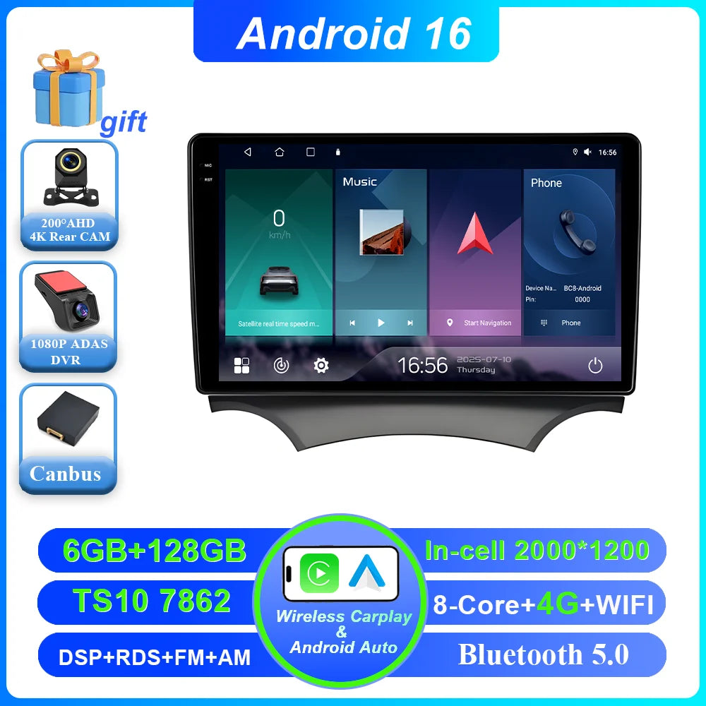 Android 16 Carplay For Ford Ka 2008 - 2014 Auto Radio Stereo Car Multimedia Video Player GPS Navigation QLED Touch Screen 4G DSP CM World