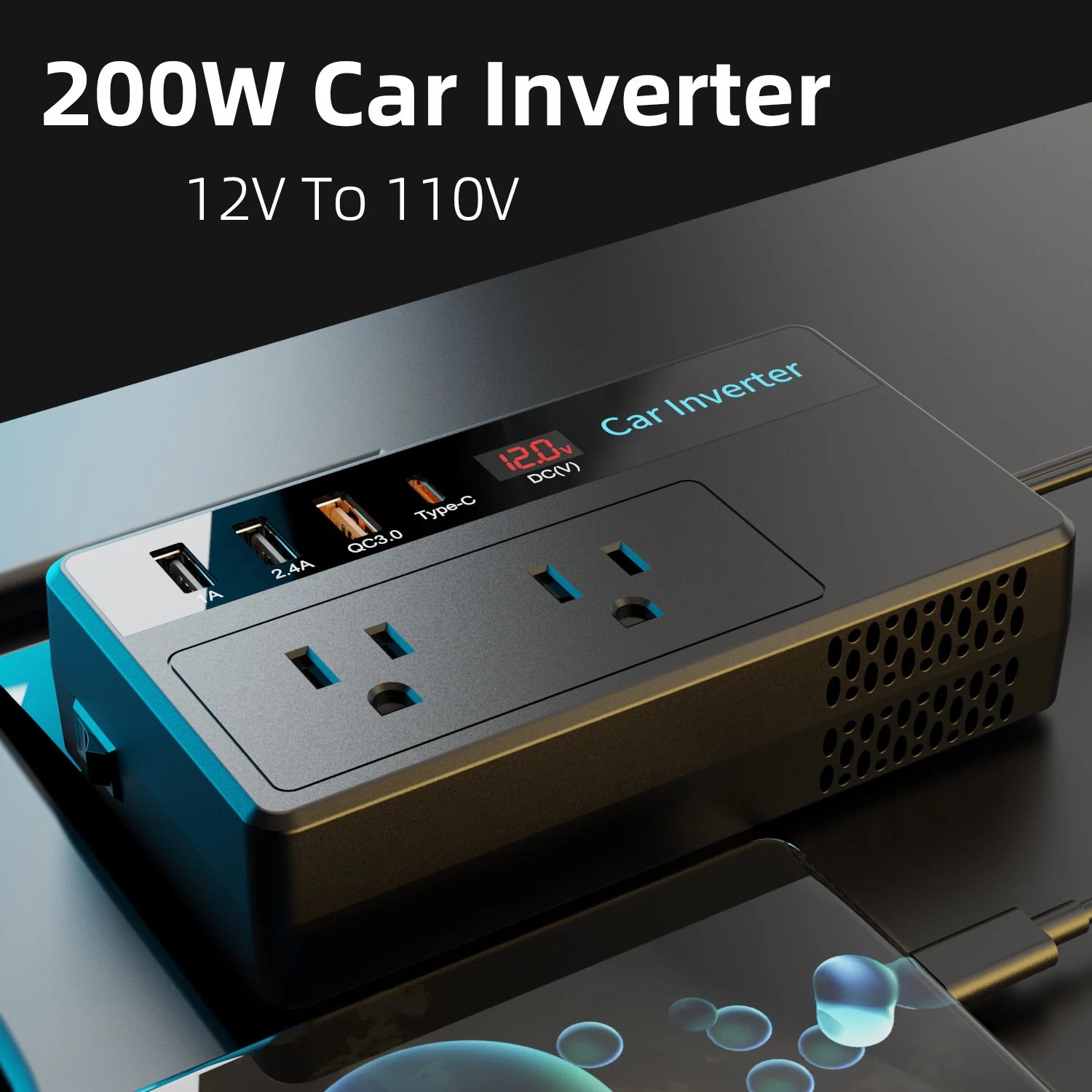200W Car Inverter DC 12V To 110V AC Power Inverters 3 USB 1 Type-C Ports Charger Adapter Car Plug Converter with LED Screen CM World
