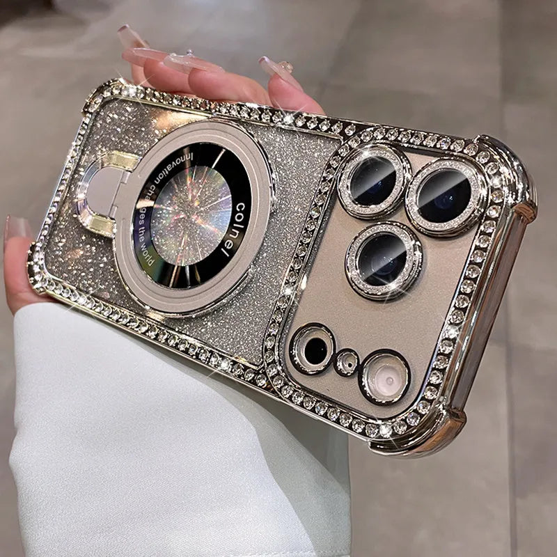 for Magsafe Bracket Case for iPhone 17 16 15 14 13 Pro Max Stand Holder Luxury Girl's Bling Diamond Bumper Camera Soft TPU Cover