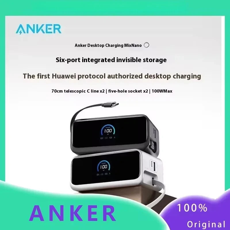 Anker Nano Charging Station USBC Power Strip 2.3 Ft Anker InstaCord Retractable Cable 100W Fast Charging Desktop Chinese Display