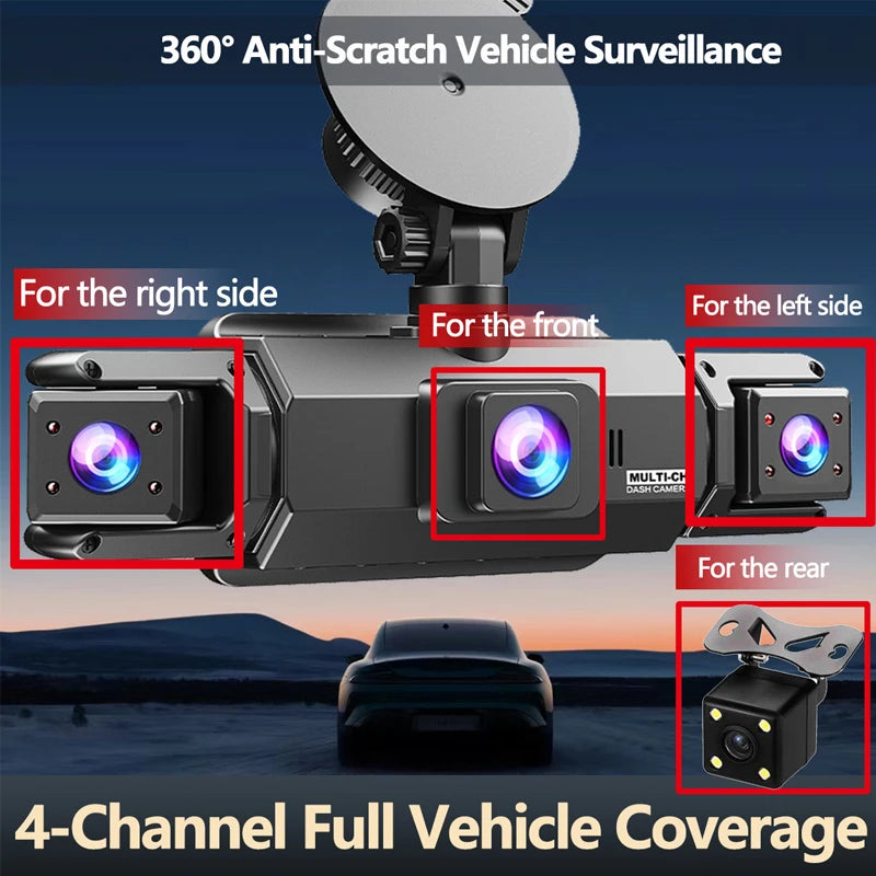 360° Car Dash Cam 4 Channel Black Box WiFi Driving Camera FHD 1080P Front Left Right Rear Night Vision Loop Recording Dashcam Car Mobile World