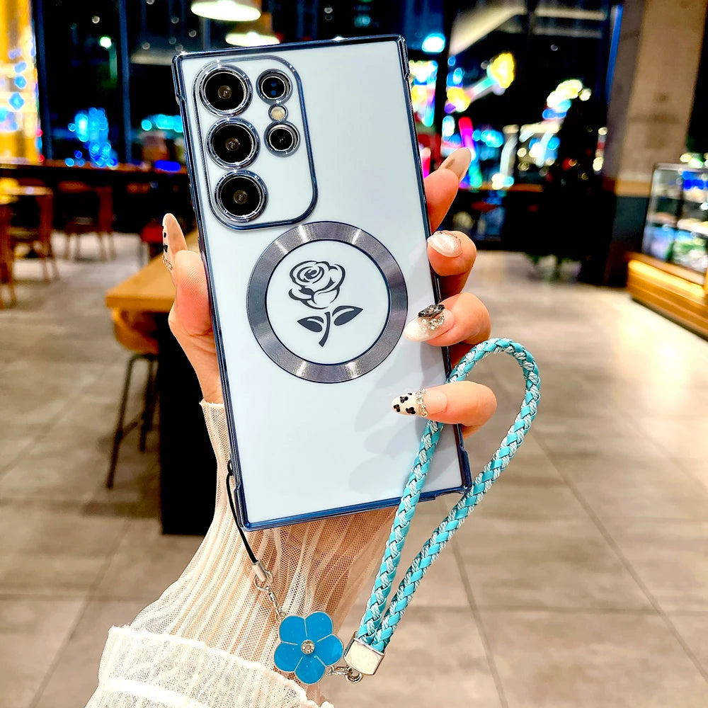 Plating Soft TPU Rose Case For Samsung Galaxy S26 S25 S24 S23 S22 S21 Ultra Plus S25Ultra Magsafe Charge Cover Lanyard Bracelet
