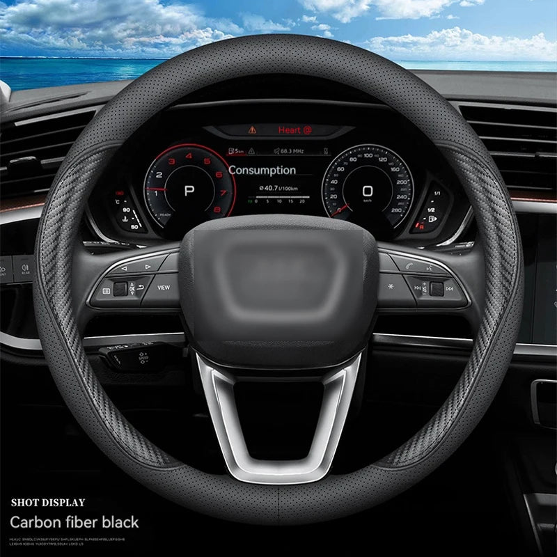 Full Leather Cover for All Seasons Auto Steering Wheel Cover Ultra-Thin Non-Slip Round Breathable Car Steering Wheel Protector CM World