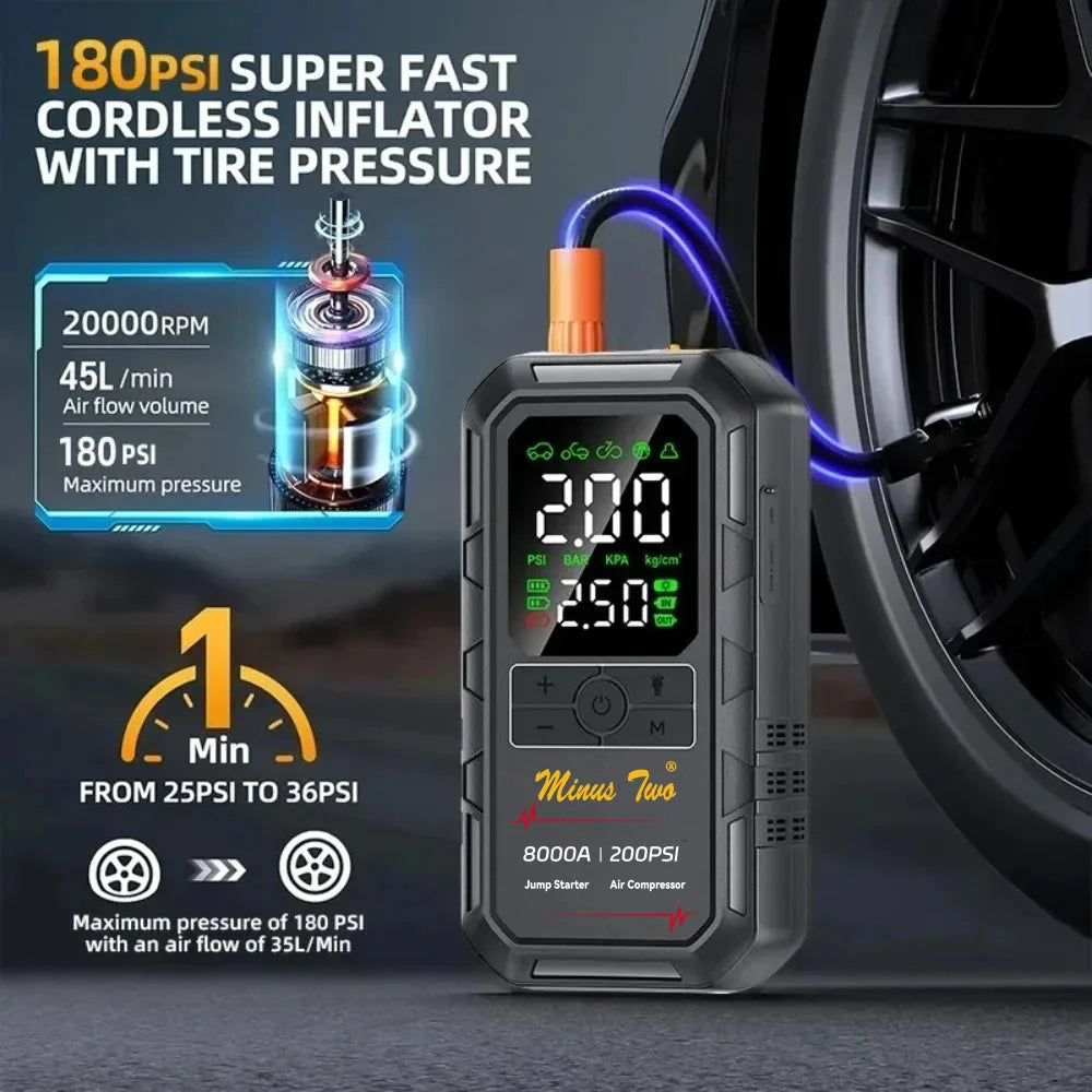 4-IN-1 Car Jump Starter with Air Compressor Peak 5000A Auto Battery Booster 180PSI Air Pump Portable Power Bank Tire Inflator