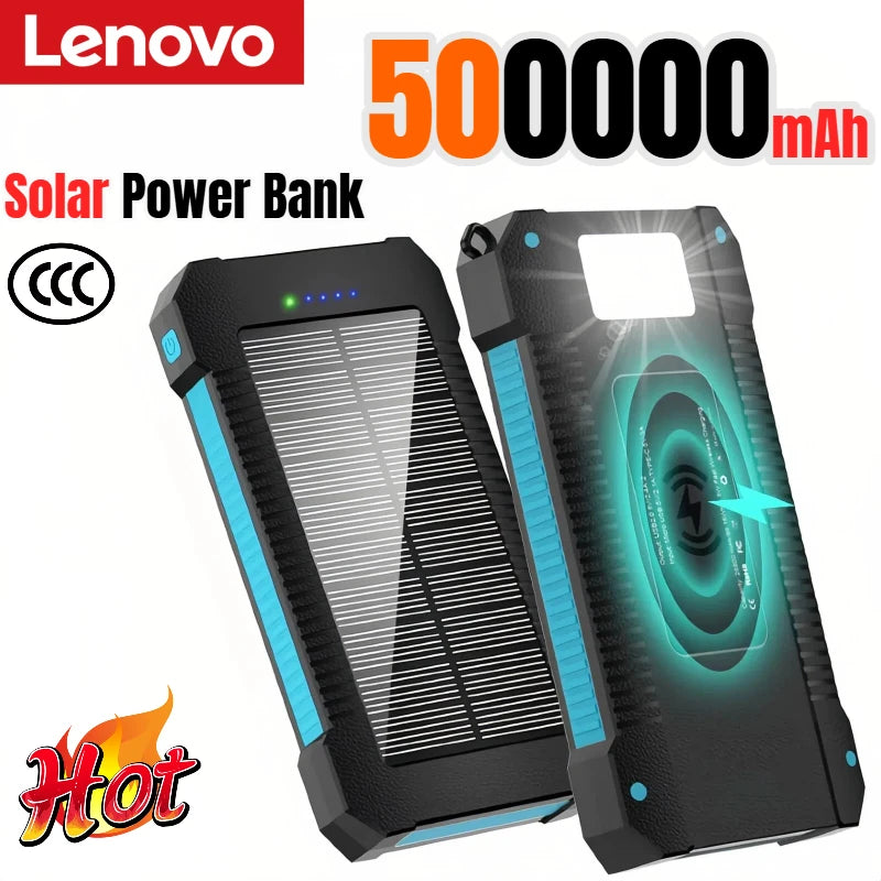 Lenovo 500000mAh Solar Power Bank Super Fast Charging Large Capacity Outdoor Portable External Battery for iPhone Samsung Huawei Car Mobile World