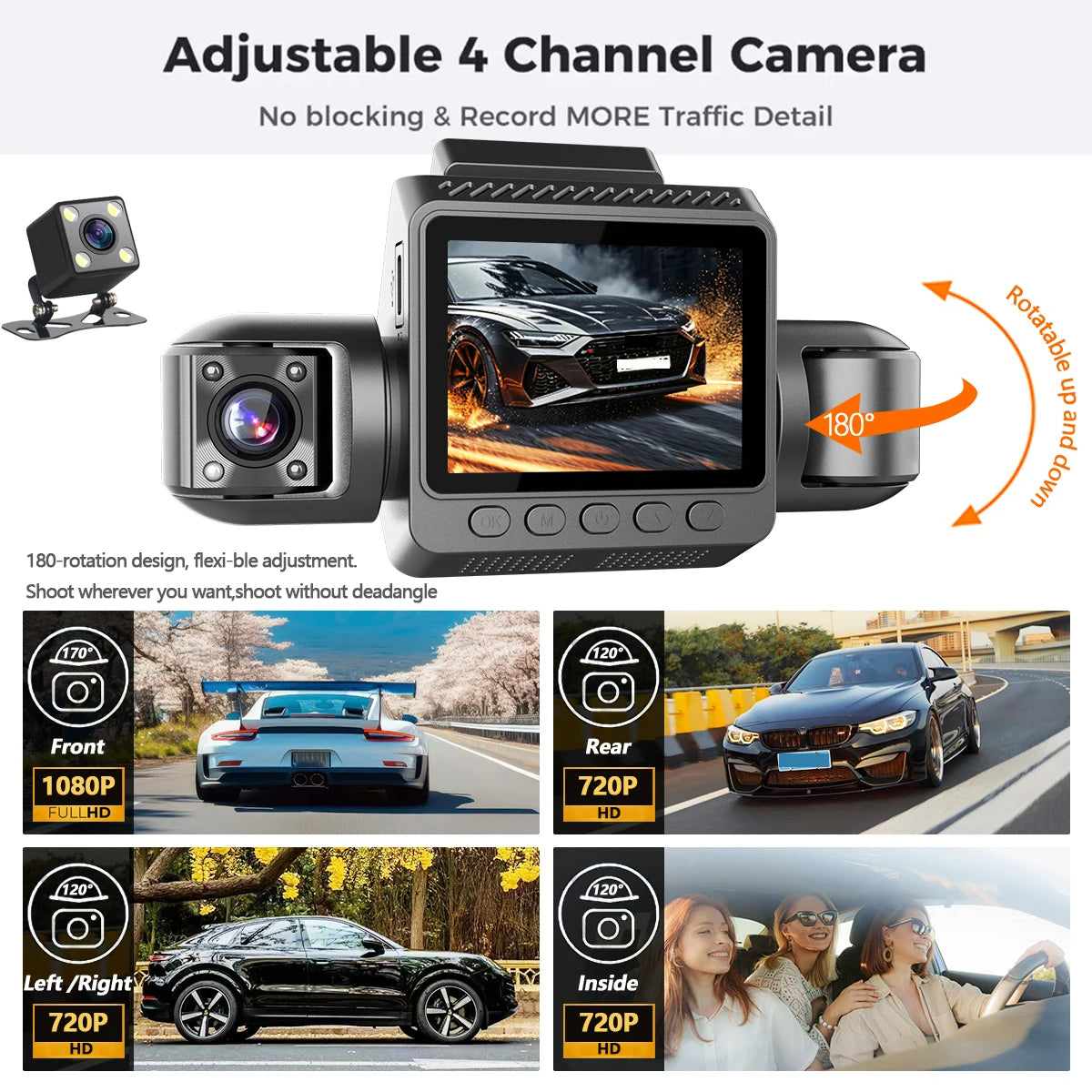 4-Channel Car Dash Cam1080P Front And 720P Other Channels, Night Vision, Loop Recording, G-Sensor, Parking Monitor