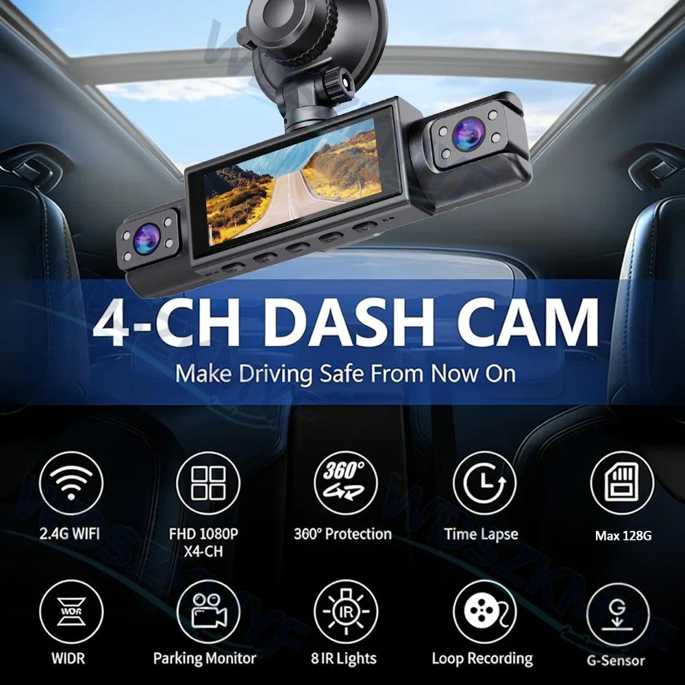 4CH Dash Cam FHD 1080P WiFi Video Recorder Car DVR 3Cam Night Vision Front left right Rear Black Box 24H Parking Loop Recording