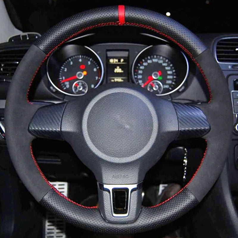 DIY Black Genuine Leather Suede Car Steering Wheel Cover for Volkswagen Golf 6 Mk6 VW Polo Jetta MK5 Sagitar Bora Santana CM World