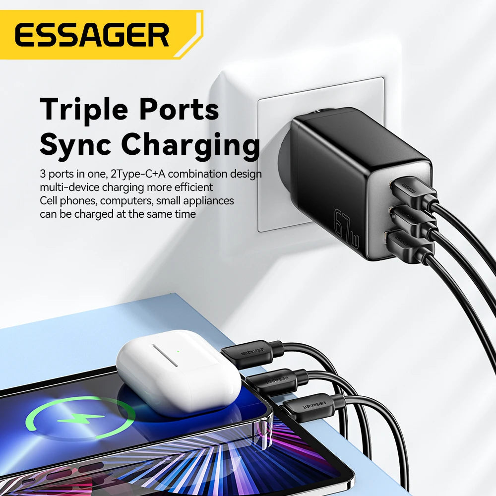 Essager 67W GaN USB-C Charger PD 3.0 QC 3.0 Fast Charge for iPhone 16 15 Pro Max Xiaomi Samsung Huawei Mate 70  Laptops Chargers Car Mobile World