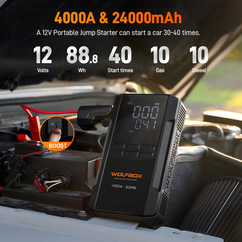 WOLFBOX JS24AIR 4000A Jump Starter 24000mAh 160PSI Air Compressor 12V Car Battery Booster (10L Gas/10L Diesel) Jump Box LED