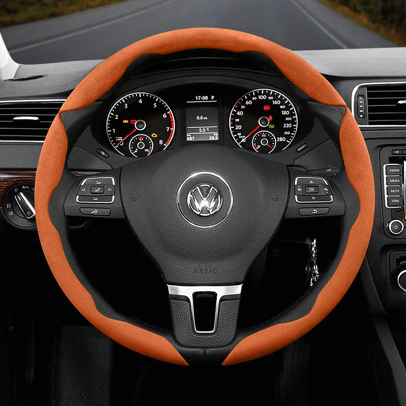 Suitable for Volkswagen Anti-Slip Buckle Segmented Suede Steering Wheel Cover Suitable for Polo Golf 5 6 7 Gol Cc Passat B6 B8 Jetta Scirocco T4 Crafter Taigo up Santana Nivus Tcros G3 Caddy Tiguan CM World