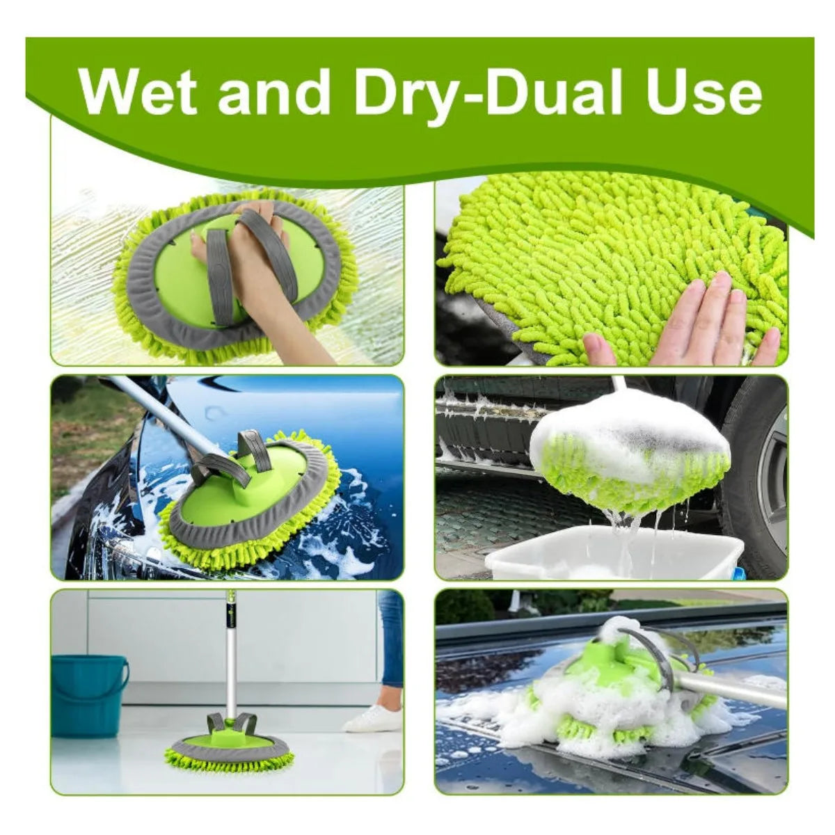 62" 2-in-1 Car Wash Mop Brush, Rotatable Microfiber Mitt, Long Pole, Scratch-Free for Truck RV Pickup Bus Green