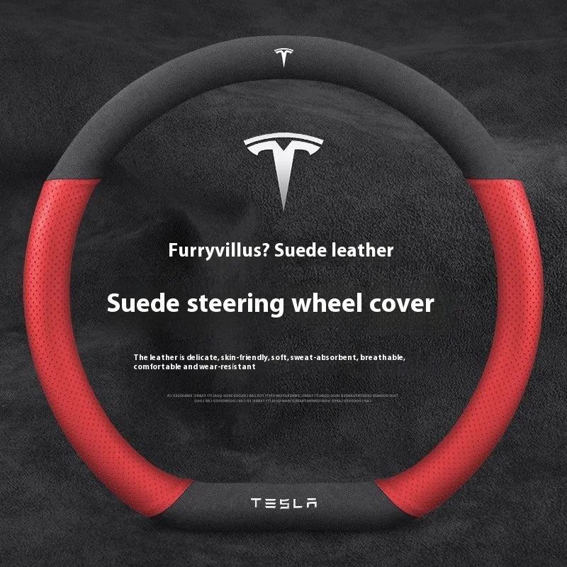 For Tesla Model 3 Model Y Model S Model X Roadster Suede Anti-slip Breathable Leather Car Steering Wheel Cover Auto Accessories CM World