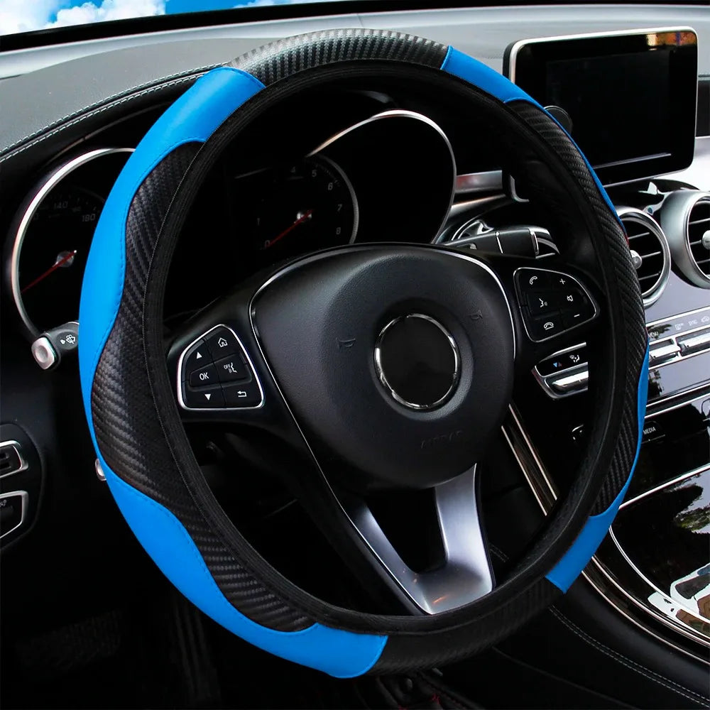 PU Carbon Fiber Leather Car Steering Wheel Cover Without Inner Ring Suitable 14.5-15 Inches for Most Vehicles Sedan SUV Truck