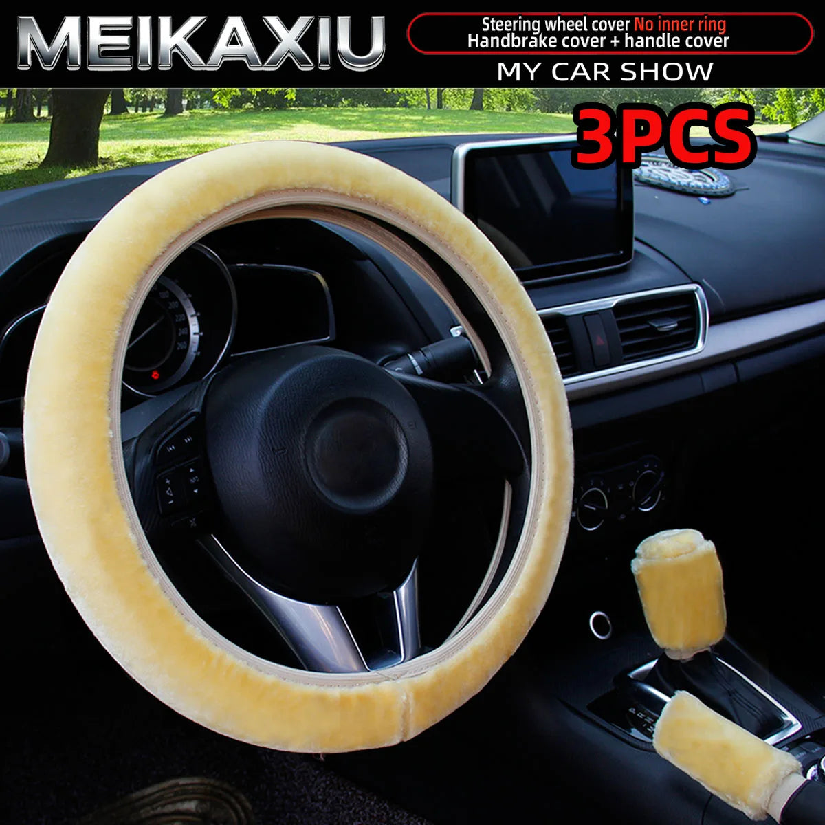 3PCS winter black and pink plush warm car non-ring steering wheel cover, handbrake cover, gearshift cover, women's style