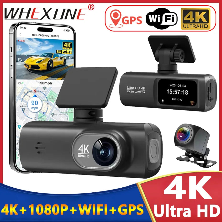 4K UHD Dash Cam Dual Lens Recording Car Camera DVR Night Vision Video Recorder Support GPS Wi-Fi Room Black Box Rear View Camera