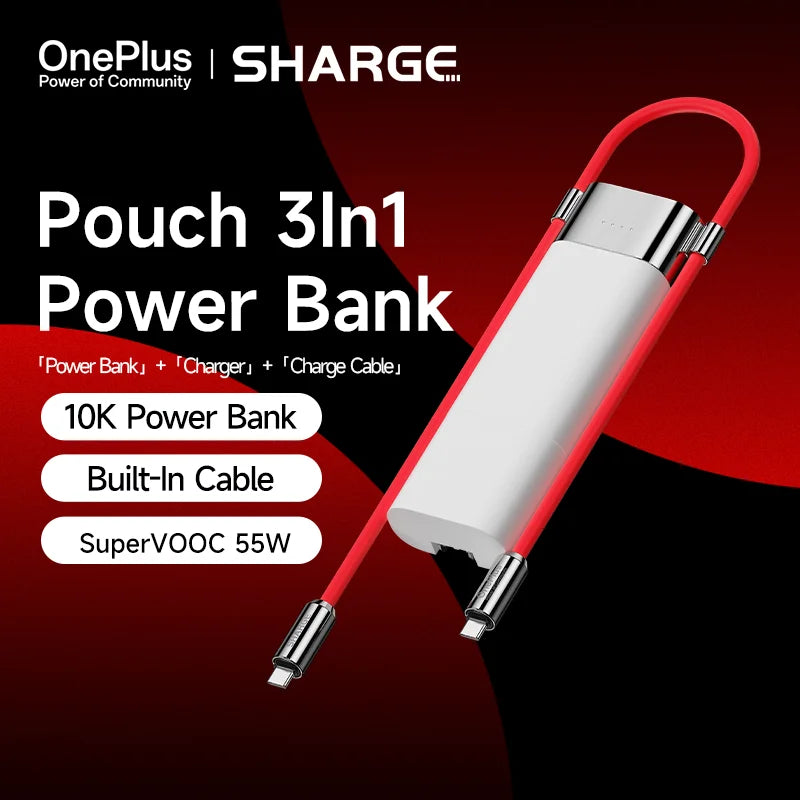 SHARGE Pouch 10000mAh Power Bank Portable 3-in-1 Charger OPPO SUPERVOOC 55W PD40W fast charging for OPPO OnePlus Samsung