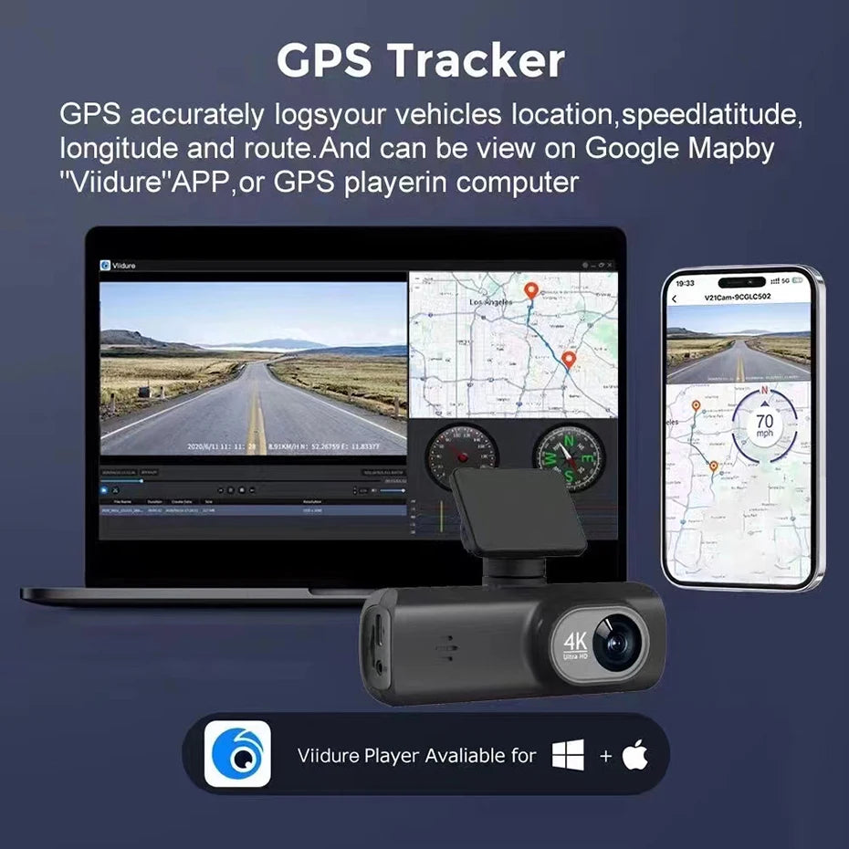 4K UHD Dash Cam Dual Lens Recording Car Camera DVR Night Vision Video Recorder Support GPS Wi-Fi Room Black Box Rear View Camera