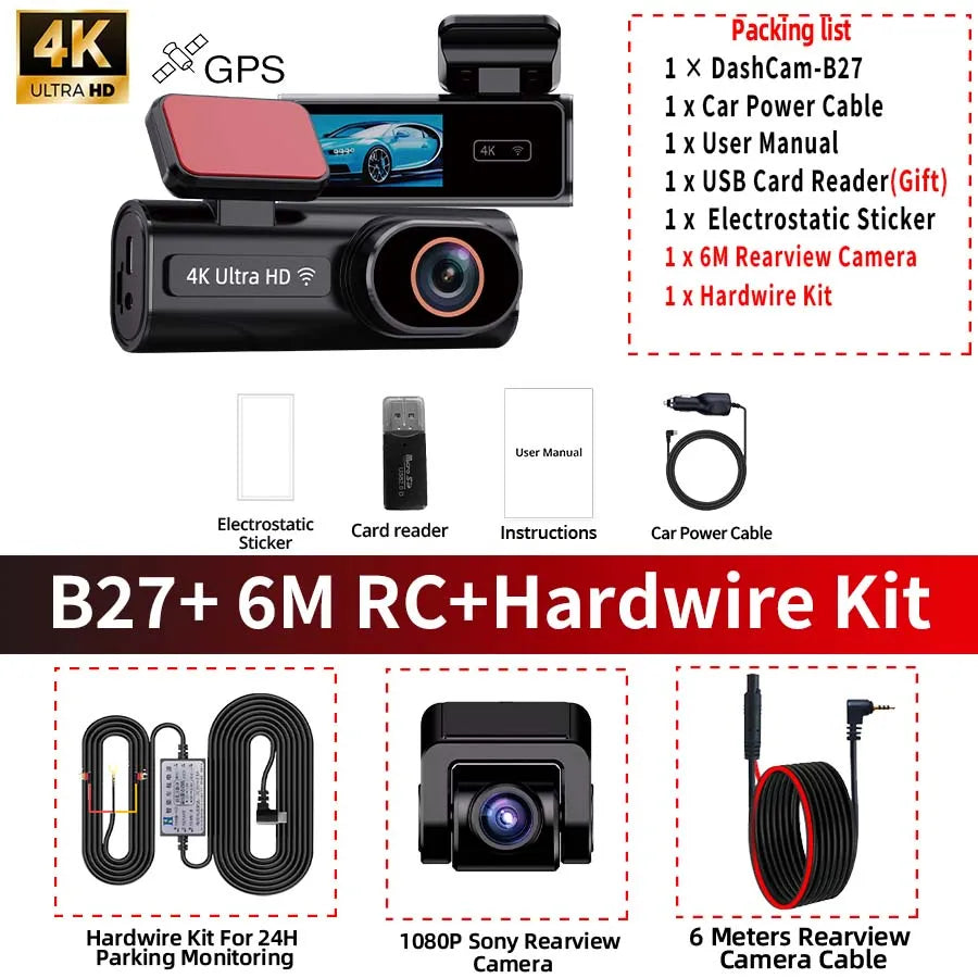 ACCEO Dash Cam WIFI GPS Mini CAR DVR Front 4K And Rear 1080P Dual Lens Black Box Room Camera Night Vision 24H Parking Monitor Car Mobile World