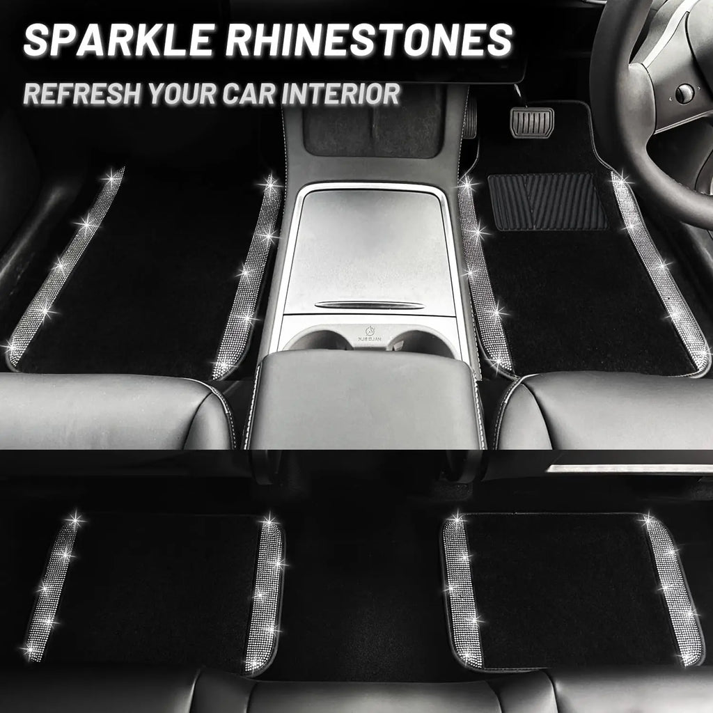 Bling Car Floor Mats Full Set, Universal Fit Most Cars,SUV, 4 pcs Sparkle Glitter Diamond Carpet for Women with Anti-Slip Pad