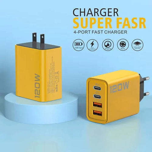 4 Ports 120W Charger USB C PD Quick Charge 3.0 Type C USB Phone Chargers Fast Charging Adapter For iPhone Samsung Xiaomi Huawei Car Mobile World