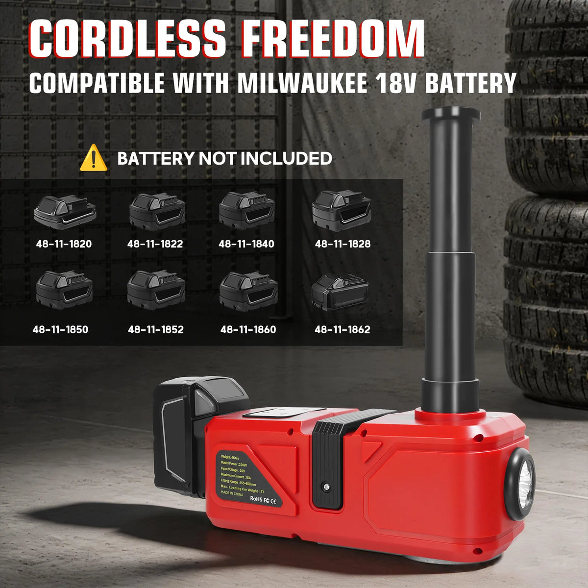 220W Electric Car Jack 5 Ton Hydraulic Jack Car Lift Floor Jack with LED Light & Remote Control for Milwaukee 18V Battery Pin