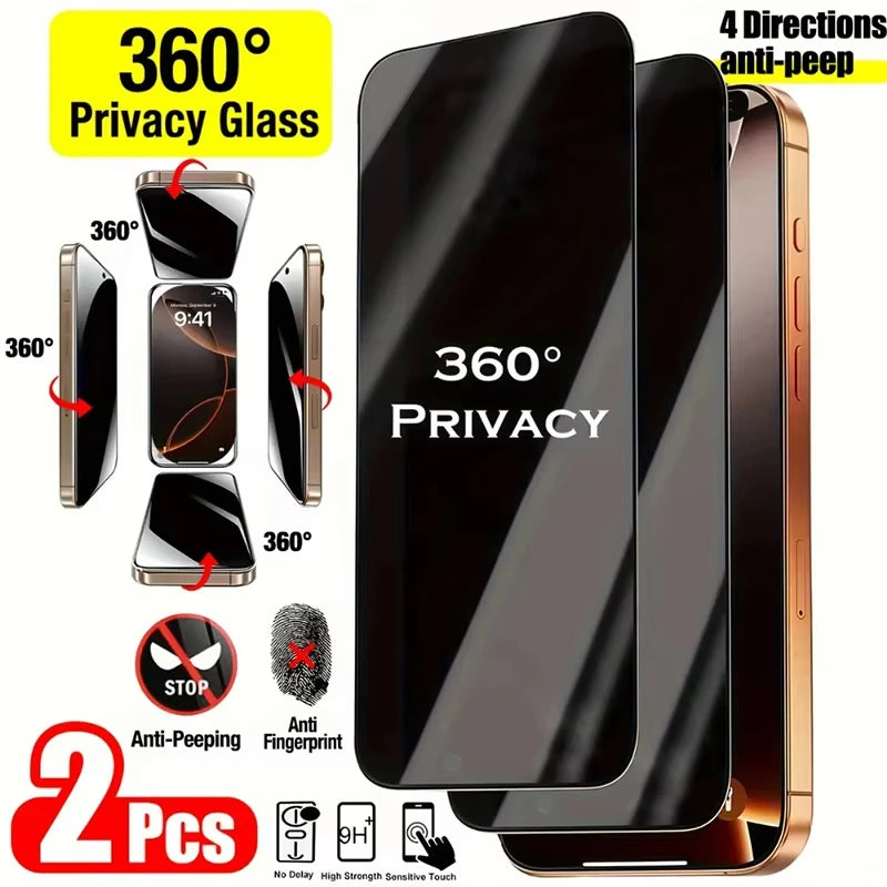 1-2Pcs 360 Privacy Screen Protector For iPhone 18 17 16E 15 14 Pro Max 13 12 11 XS Max XR AntiSpy Tempere Glass AntiPeeding Film