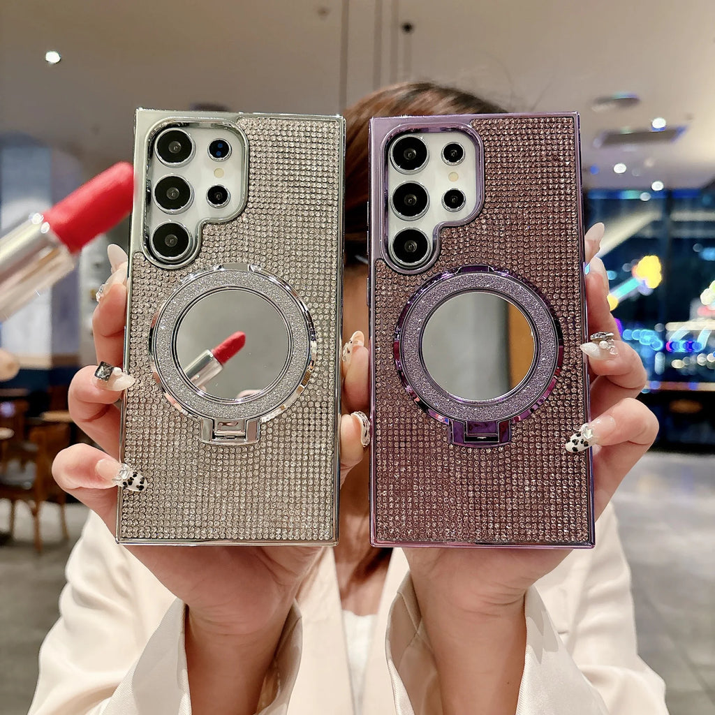 Glitter Stand Mirror Magnetic Cover For Samsung Galaxy S26 S25 Plus S22 S23 S24 Ultra Plating Folding Bracket Diamond Phone Case