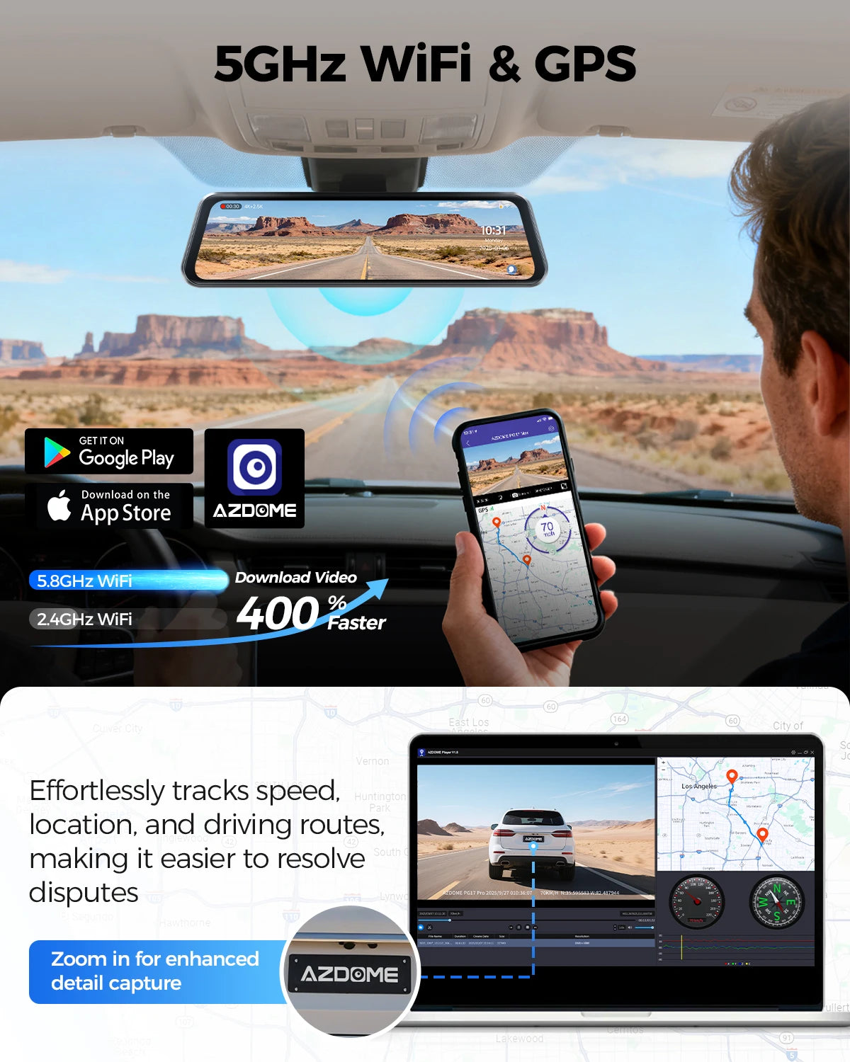 AZDOME PG17 Pro 4K+2.5K Rearview Dash Cam 12" Touch Screen HDR Rear View Mirror Camera w/ STARVIS 2 5G WiFi Stream Media Car DVR