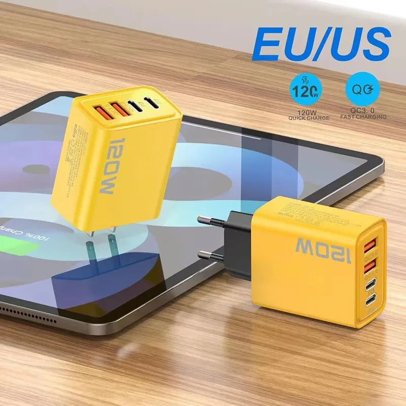 4 Ports 120W Charger USB C PD Quick Charge 3.0 Type C USB Phone Chargers Fast Charging Adapter For iPhone Samsung Xiaomi Huawei Car Mobile World