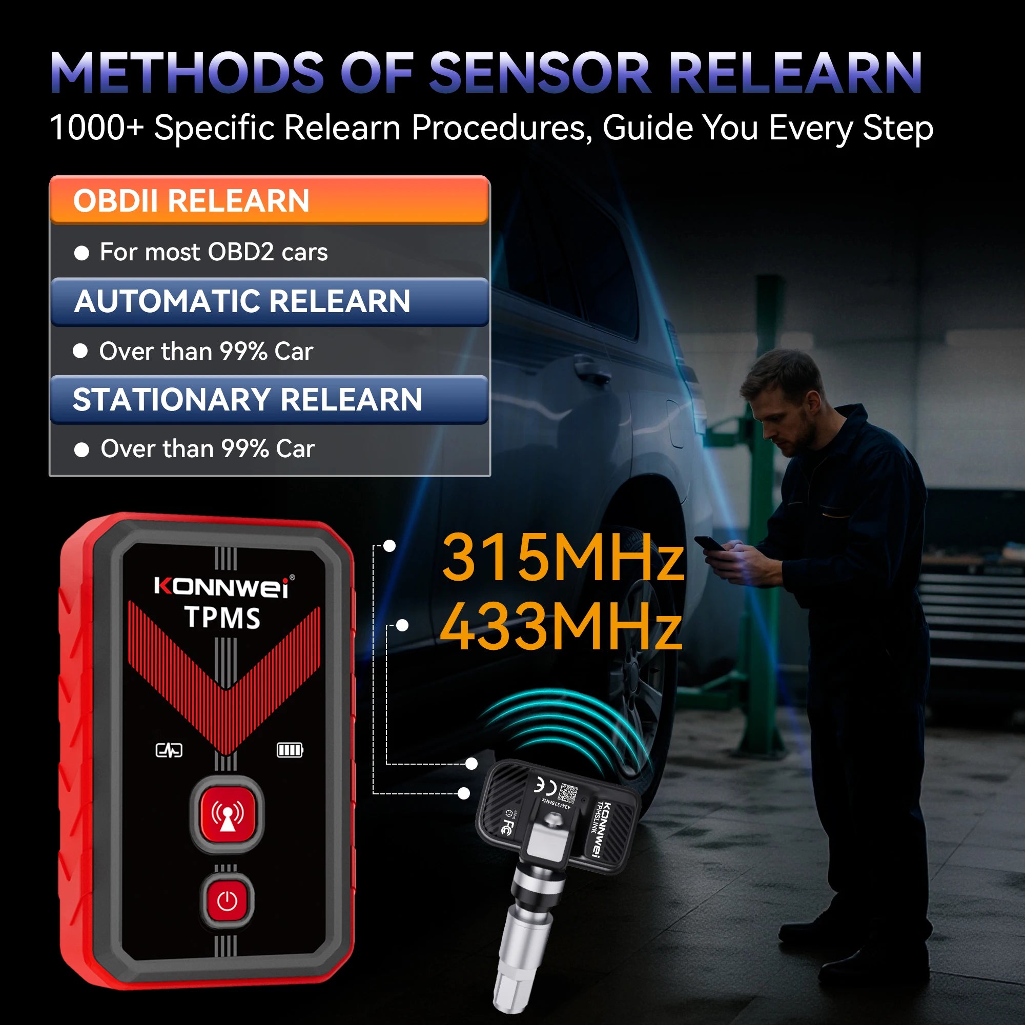 2026 KONNWEI TK100 Car Programable TPMS Sensors OBD Relearn Tool 433MHz315MHz Programing CELL PHONE Tire Pressure Monitor System CM World