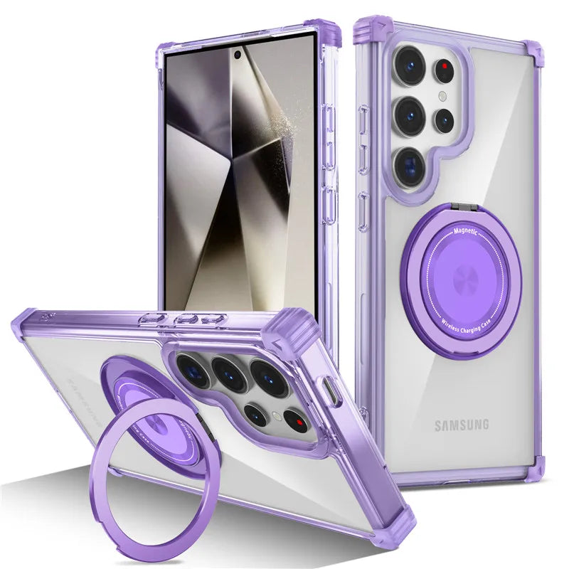 Rotating Magnetic Magsafe Bracket Case For Samsung Galaxy S26 Ultra S26 Plus S26 Ring Stand Holder Transparent Protective Cover
