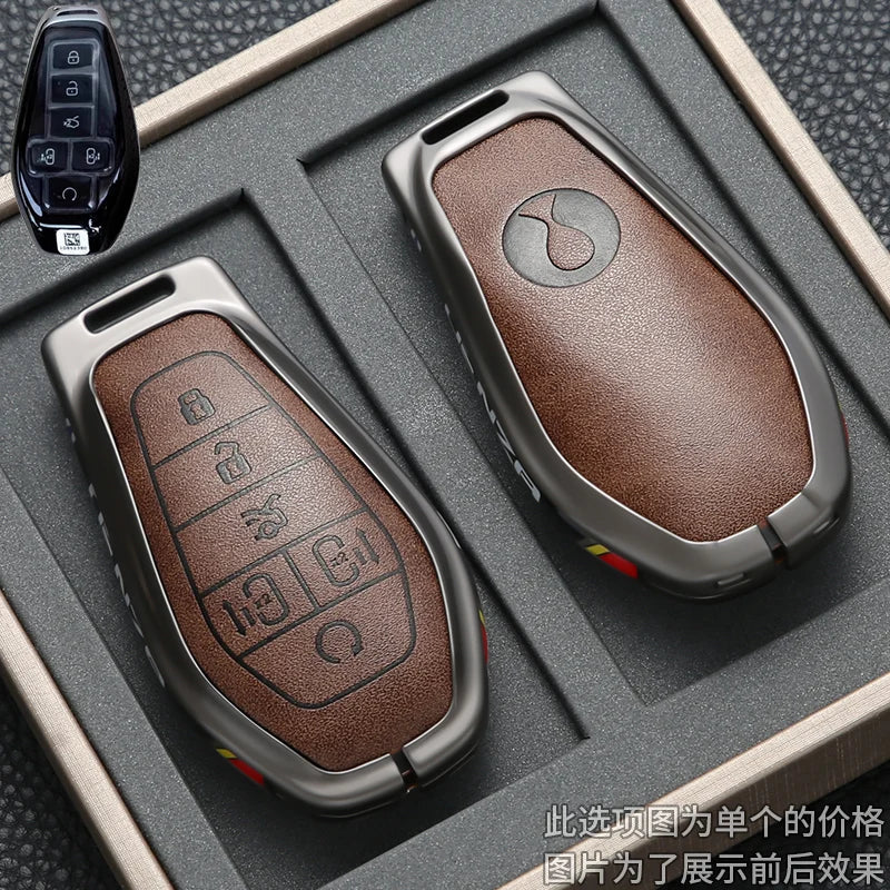 Car Key Case Cover for Denza N9 Smart Remote Key Protector Leather Car Key Case Cover Keychain Zinc Alloy Interior Accessories CM World