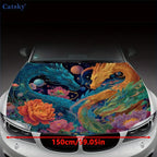 Magical Dragons and Flowers Car Vinyl Wrap, PVC Waterproof Car Hood Sticker, Self-Adhesive Scratch-Resistant Stickers for Engine