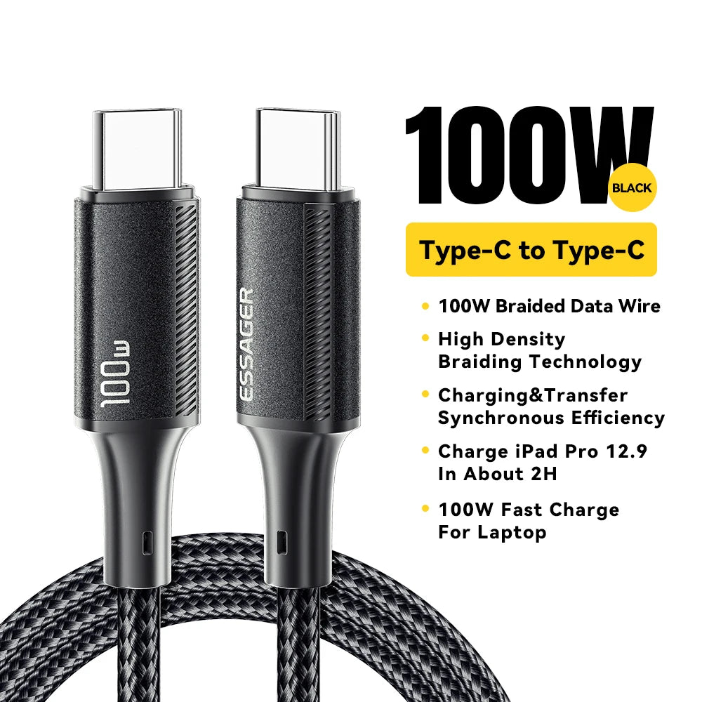 Essager PD 100W Type C to C Cable USB Type-C 5A Fast Charging Mobile Phone Cable For MacBook iPad Oneplus Xiaomi iPhone 15 Cable