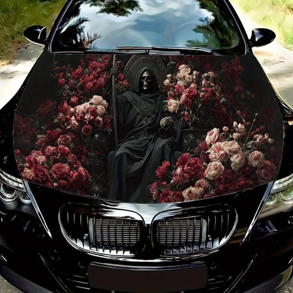 Dark Reaper & Rose Car Vinyl Wrap, PVC Waterproof Car Hood Sticker, Self-Adhesive Scratch-Resistant Stickers for Engine Cover, C
