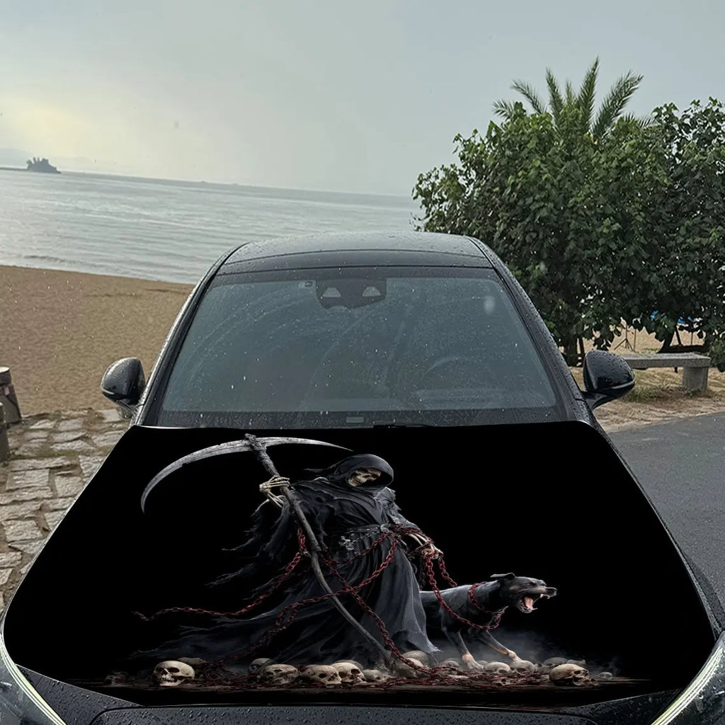 Grim Reaper, Chains and Black Dog Car Vinyl Wrap, PVC Material Waterproof Car Hood Sticker, Self-Adhesive Scratch-Resistant Stic