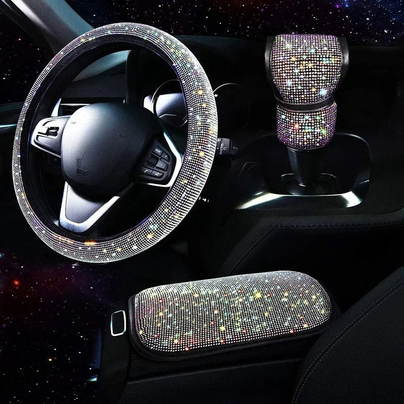 3Pcs Car Accessories Set for Women Steering Wheel Cover Gear Shift Cover Armrest Pad Mat Bling Auto Diamond Decortion Styling CM World