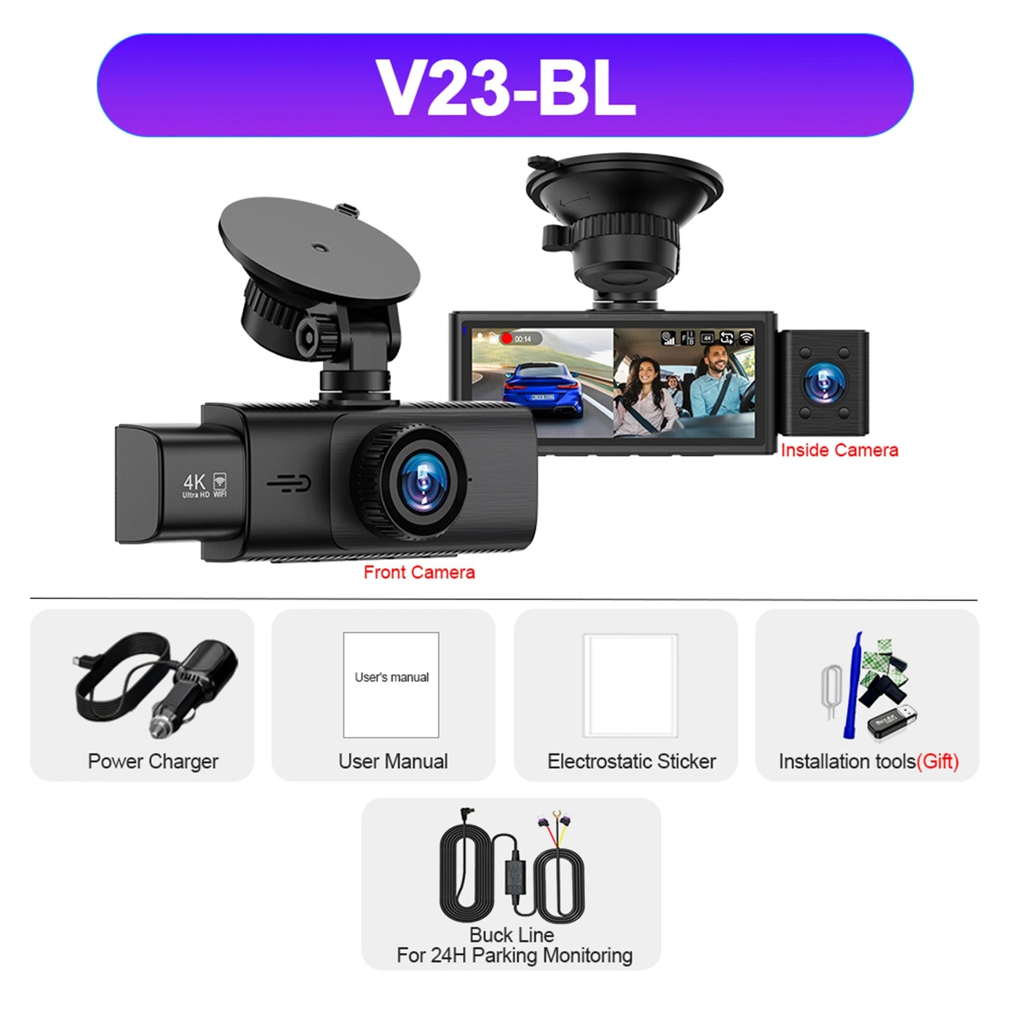 3 Channel WiFi 4K Dash Cam Front and Inside DashCam 1080P Rear Camera Night Vision 24H Parking Car DVR Black Box Support GPS Car Mobile World