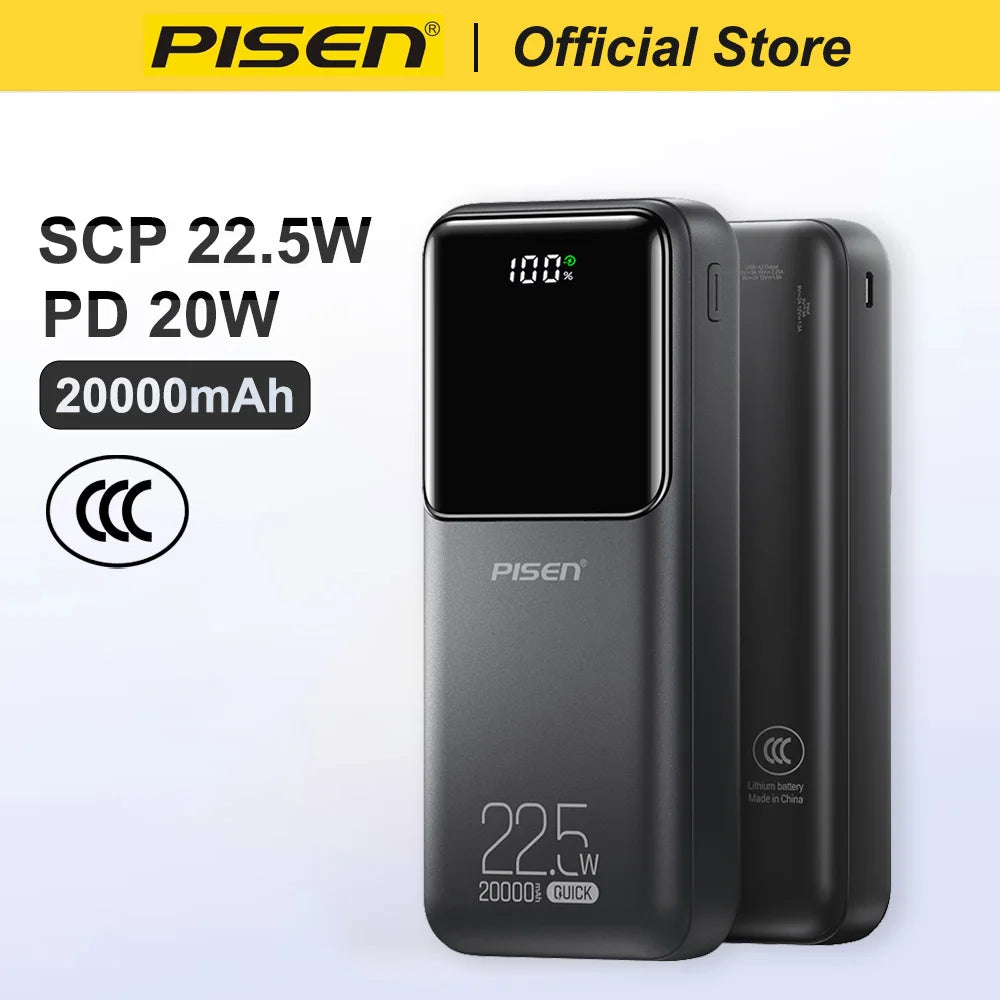 PISEN 20000mAh PD 20W Quick Power Bank SCP 22.5W Portable CCC Powerbank Fast Charging External Battery For Huawei iPhone Xiaomi Car Mobile World