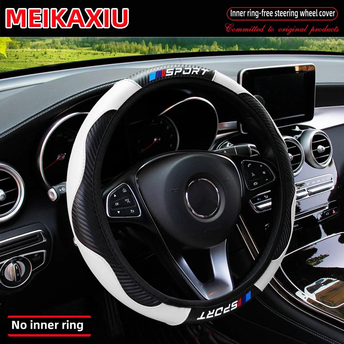 Carbon fiber leather SPORT car rimless steering wheel cover is suitable for 14.5 - 15-inch steering wheels as decoration items. CM World