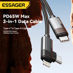 Essager 2-in-1 Right Angle Cable PD 65W 29W Fast Charging Elbow Data Cable For iPhone 15 14 13 MacBook Lenovo Asus Dell iPad Pro