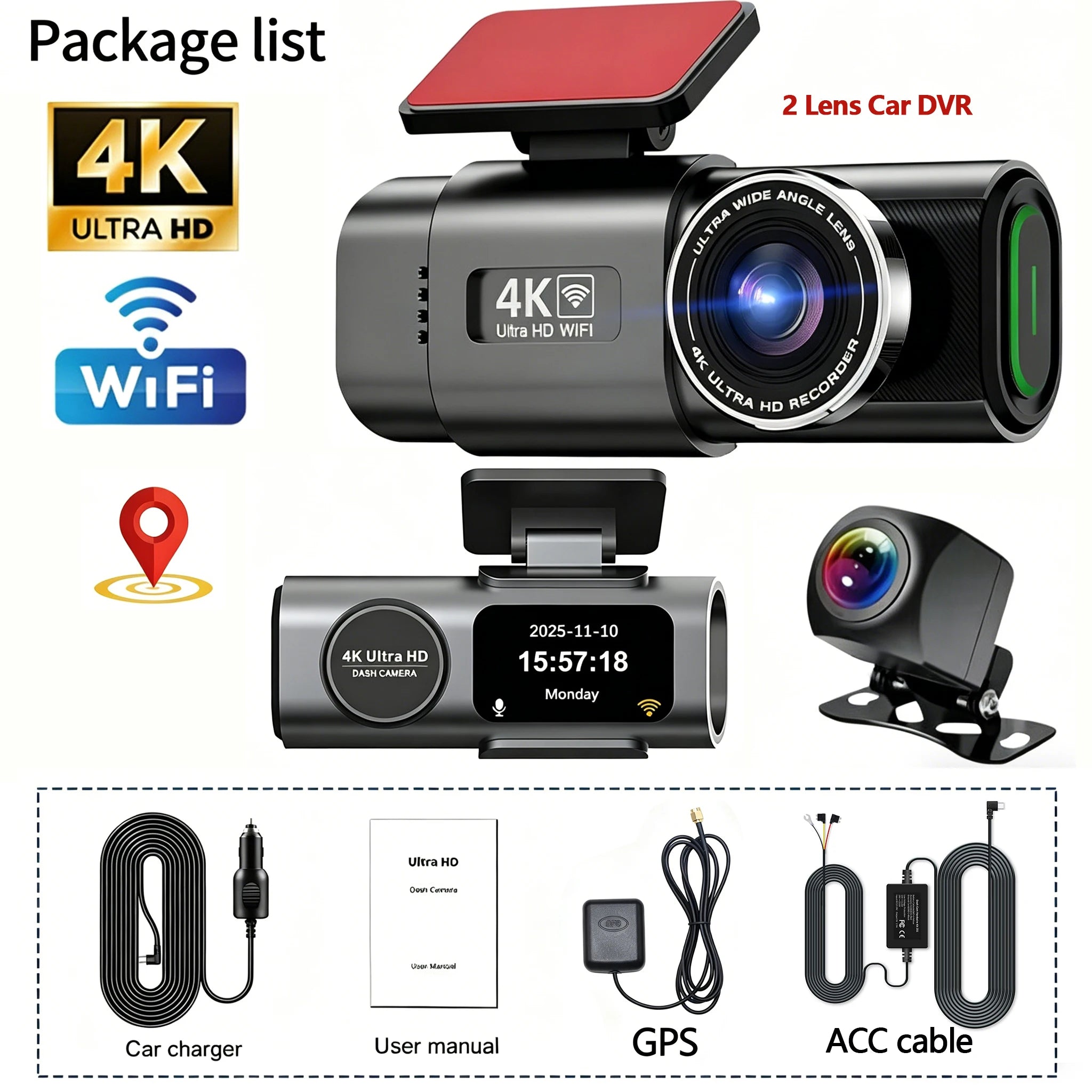 4K UHD Recording Dash Cam Video Recorder Car Camera DVR Night Vision Wi-Fi GPS 24H Parking Mini Front Rear Black Box Monitor Car Mobile World