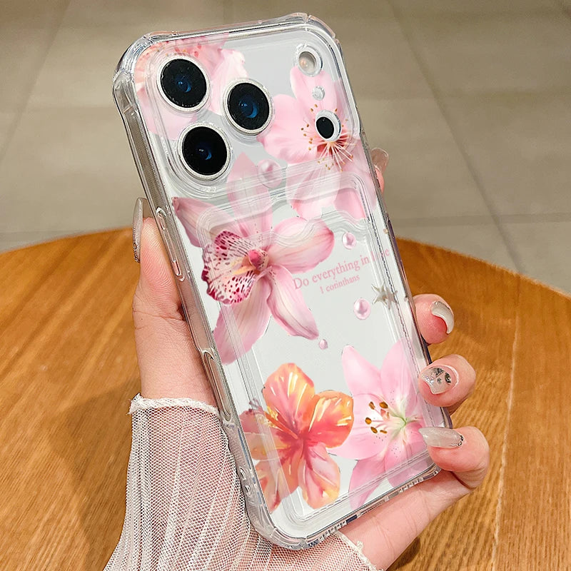 Card Slot Bag Clear Phone Case For iPhone 17e 18 17 Pro Max 16 15 14 13 Pro Max 16e 12 Lily Flowers Pattern Soft Silicone Cover