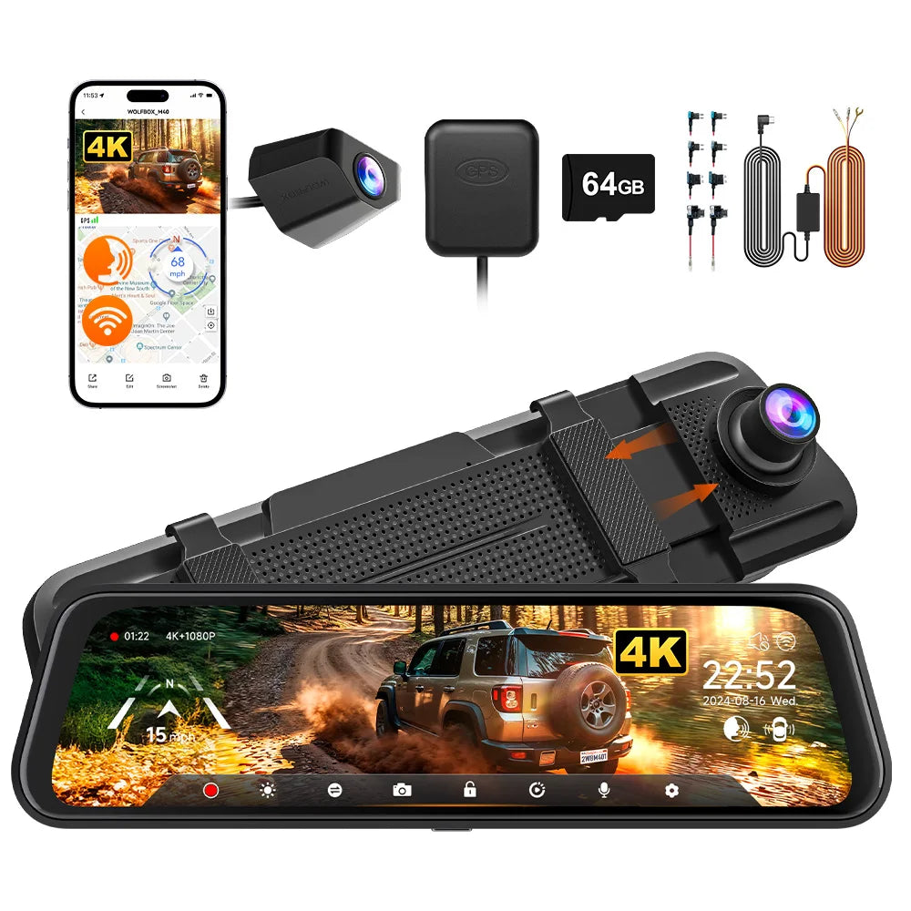 WOLFBOX M40 Dash Cam 4K+1080P With Voice Control ADAS Built in 5GHZ WI-FI and GPS Video Recorder Front and Rear Dash Camera Car Mobile World