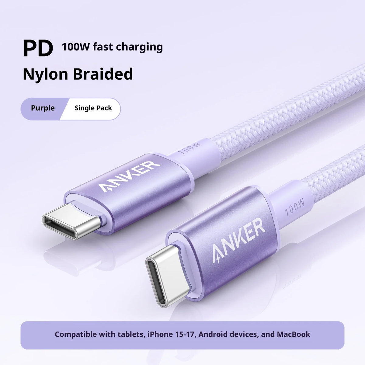 ANKER 100W Dual Type-C PD100W Data Cable Nylon Braided Cord Low-Temperature Fast Charging Customized Data Cable For Ipad Mac