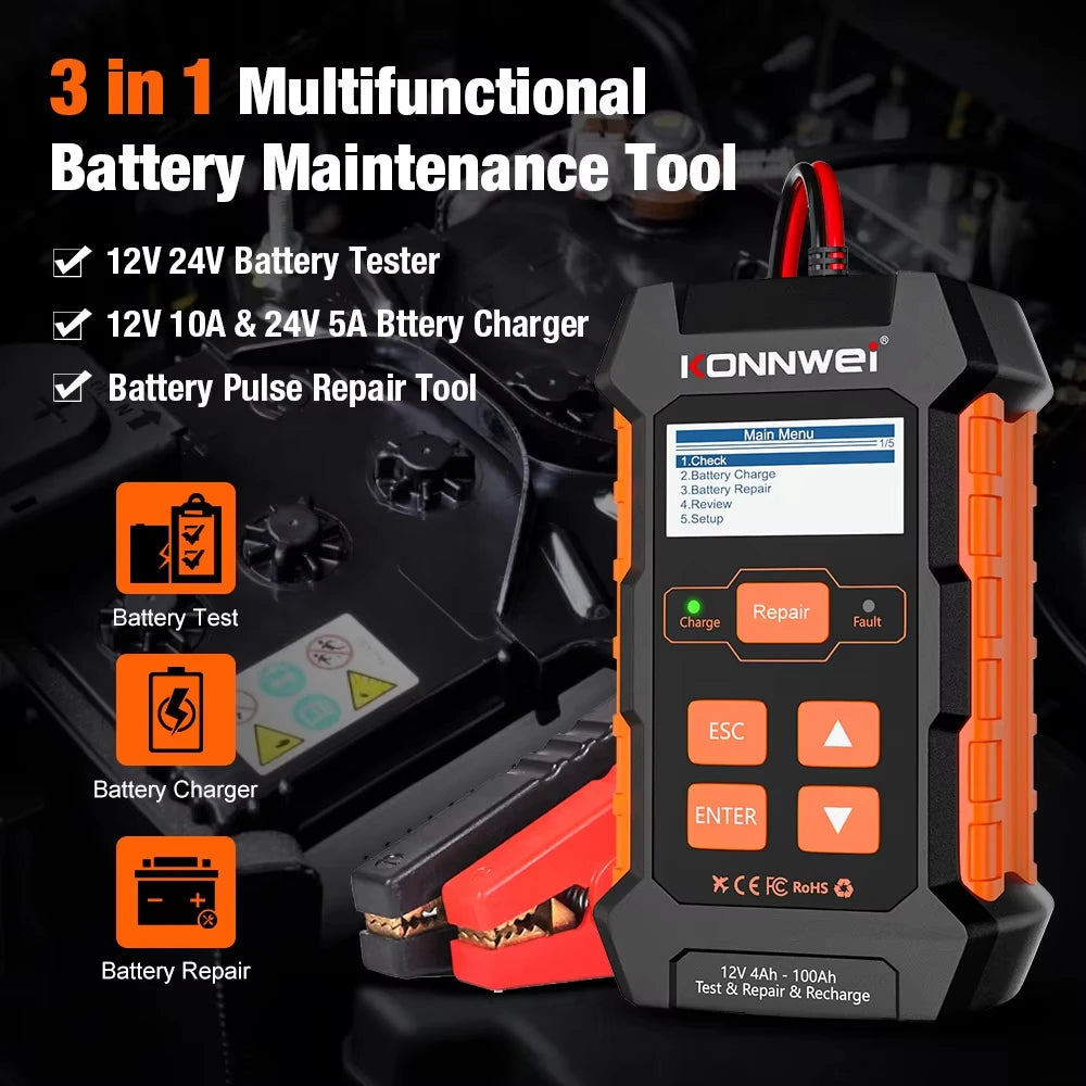 KONNWEI KW520 Car Battery Tester 12V 24V Battery Charger Lead Acid Car Battery Pulse Repair Tool AGM Gel Lithium Scanning Tool