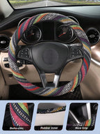 1Pc Bohemian Ethnic Car Steering Wheel Cover, 38cm Universal Fit, Colorful Linen-Like Polyester, No Inner Ring, Easy Install, No CM World