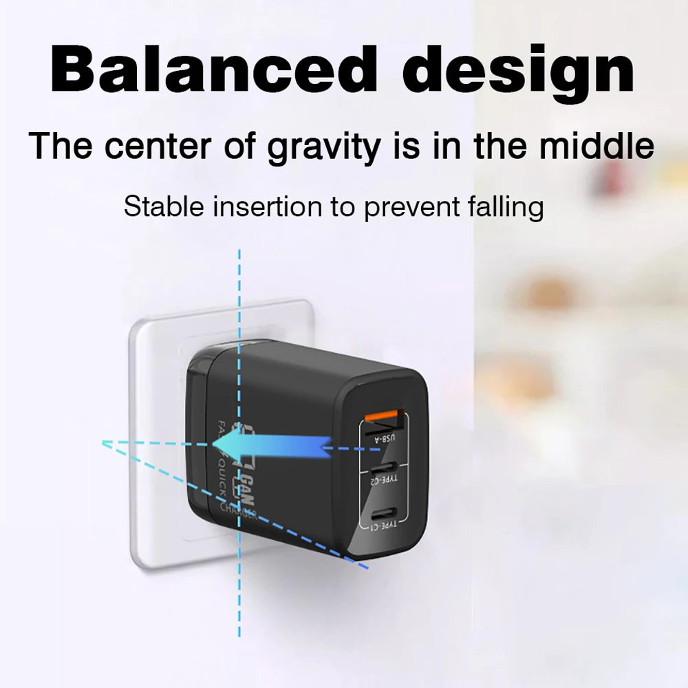 GaN 67W Quick charger type c pd 65w Super fast charger USB C and USB A 3 Ports with QC 4.0 3.0 for Samsung iPhone 15 Pro Laptop Car Mobile World