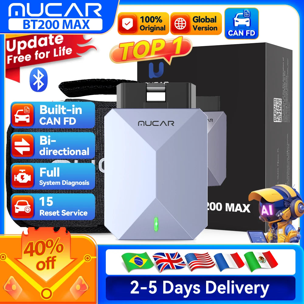 Lifetime Free Update MUCAR BT200 Max OBD2 Scanner CAN FD Bi-Directional Control All System Diagnostic Tool 15 Reset for All Cars Car Mobile World